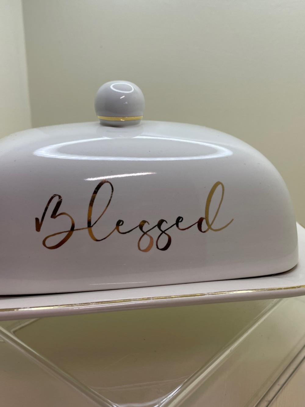Home Essentials White and Gold 'Blessed' Ceramic Butter Keeper